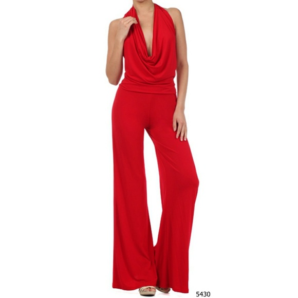 Sexy Diva Pants - Multi Way Red Halter Deep V Jumpsuit Reversible M